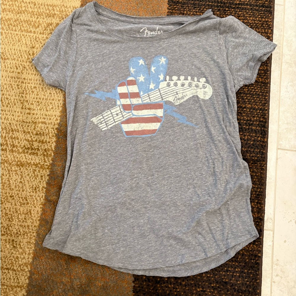 Lucky Brand Gray Tee with Red White Blue Peace Sign Guitar Graphic